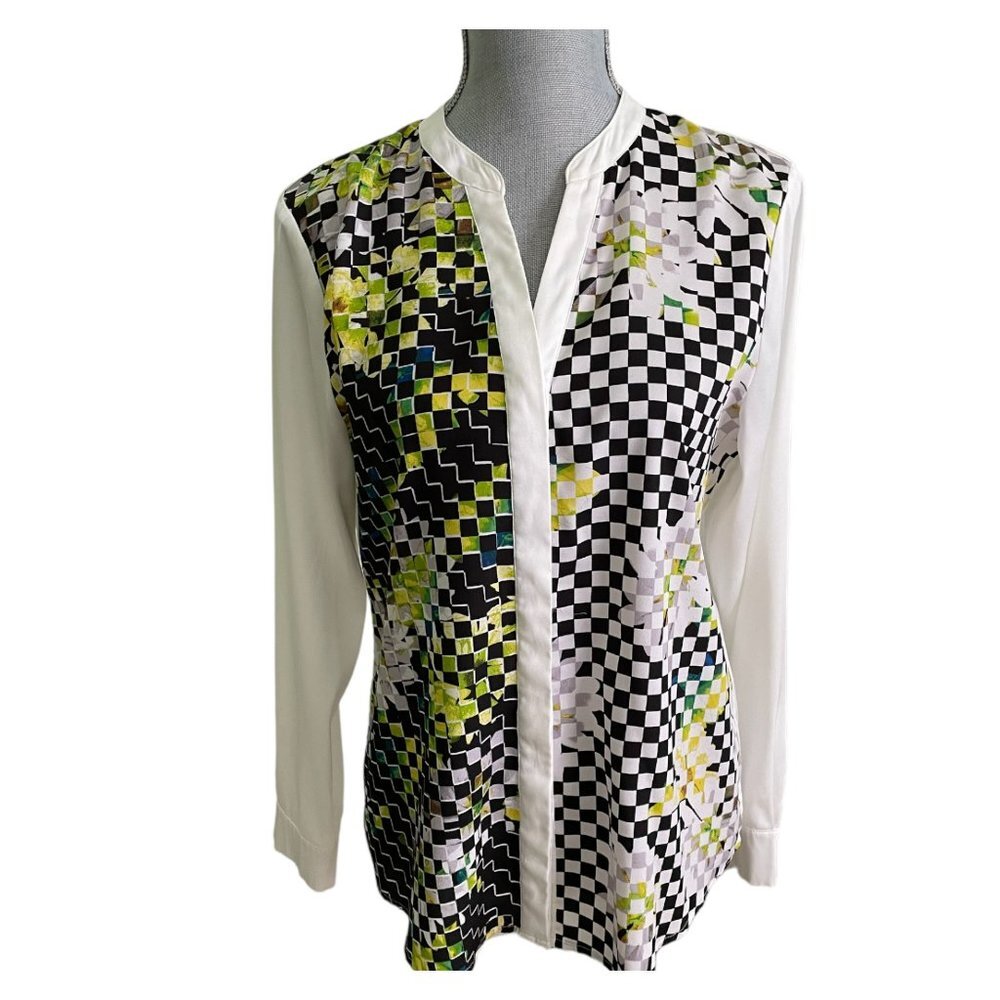 Ivanka Trump Button Down Women's Top Checkered Floral Print Size M - Picture 1 of 5